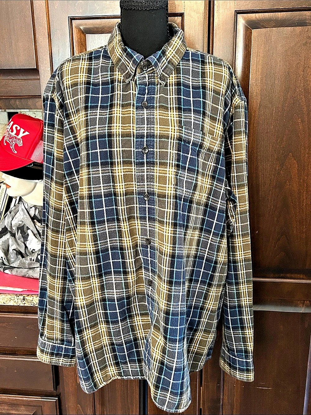 L.L.Bean Sz XL Traditional Fit Plaid Flannel Button-Down Shirt Olive Blue Plaid